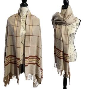 Madewell Fringed Scarf With Arm Holes Beige Brown Plaid Shawl Wrap Rectangle EUC